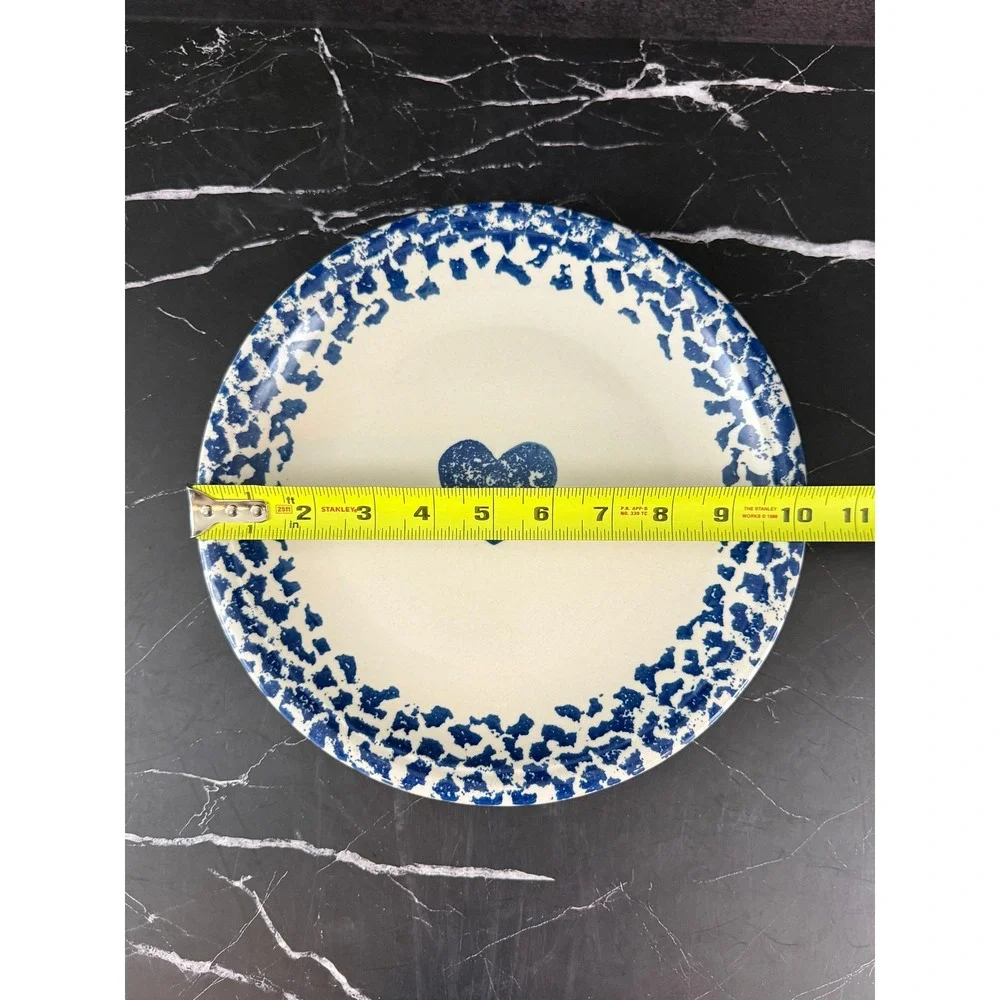 VTG Tienshen Folk Craft Hearts Blue White Spongeware 10 1/4in Dinner Plate READ
